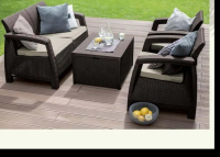 Set mobilier "Corfu" material: polipropilenă tratată UV, culoare maro, perne incluse, conține: fotol