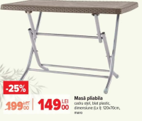 Masă pliabilă cadru oțel, blat plastic, dimensiune (Lx l): 120x70cm, maro