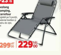 Carrefour Șezlong camping, reglabil pe 5 poziții, material textilen și cadru de oțel, gri