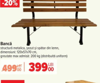 Bancă structură metalica, șezut și spătar din lemn, dimensiuni: 120x57x70 cm, greutate max admisă: 2