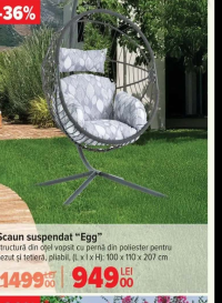 Scaun suspendat "Egg" 100 x 110 x 207 cm