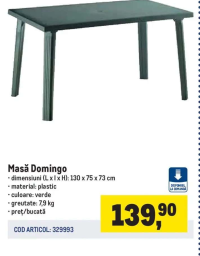 Masă Domingo plastic verde 130 x 75 x 73 cm
