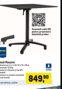 METRO Professional Masă Massini 70 x 70 x 74cm