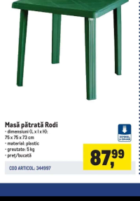 Masă pătrată Rodi plastic 75 x 75 x 73 cm