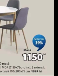 MARSTRAND masă Lemn masiv și MDF. Ø110x75cm. Incl. 2 extensii. Dimensiune extinsă 110x200x75 cm.