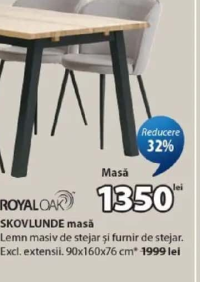 ROYAL OAK SKOVLUNDE masă Lemn masiv de stejar și furnir de stejar. Excl. extensii. 90x160x76 cm