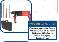 Ciocan rotopercutor Panzer PT82507, 800 W, cu cablu, 900 rpm, SDS-plus, cu valiza, 3 burghie, 1 dalt