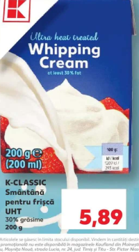 K-Classic Smântână pentru frișcă UHT 30% grăsime 200g