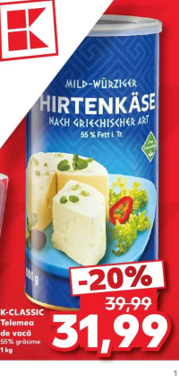 K-CLASSIC Telemea de vacă 55% grăsime 1 kg