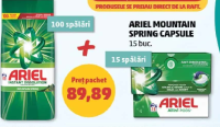 Ariel Detergent Pudră Mountain Spring 6.5 kg + Ariel Mountain Spring Capsule 15 buc.