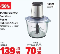 Tocător electric Carrefour Home HMC50012L-25 capacitate 2 L, inox/negru, 500W