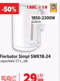 Simpl Fierbător SWK18-24 capacitate 1.7 L, alb