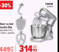 Biovita Mixer cu bol Ella, capacitate 4.5 L, 10 viteze, argintiu