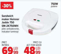 Sandwich maker Heinner Jadde 750 SM-2K750WH plăci antiaderente, indicatori luminoși, 750W