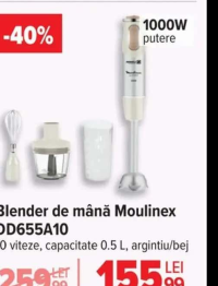 Moulinex Blender de mână DD655A10 10 viteze, capacitate 0.5 L, argintiu/bej
