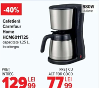 Cafetieră Carrefour Home HCM6011T25 capacitate 1.25 L, inox/negru, 980W