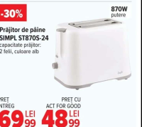 Prăjitor de pâine SIMPL ST870S-24 capacitate prăjitor: 2 felii, culoare alb, 870W