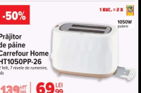 Carrefour Home Prăjitor de pâine HT1050PP-26 2 felii, 7 nivele de rumenire, alb