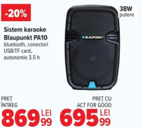 Sistem karaoke Blaupunkt PA10 bluetooth, conectori USB/TF card, autonomie 3.5 h, 38W
