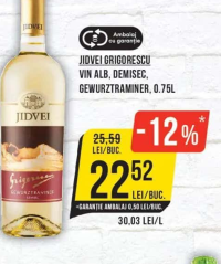 Jidvei Grigorescu Vin Alb, Demisec, Gewurztraminer, 0.75L