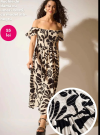 Rochie de damă cu umeri lăsați, cu model alb-negru