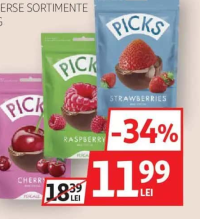 PERGALE PICKS FRUCTE USCATE PRIN CONGELARE ÎN GLAZURĂ DE CACAO CU LAPTE DIVERSE SORTIMENTE 90G