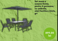 Set masa si scaune Doma, pentru 6 persoane, cu umbrela, otel/textilen/sticla, gri