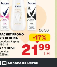 PACHET PROMO 2 x REXONA deodorant spray 150 ml + 1 x DOVE gel duș 225 ml