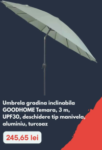 GOODHOME Umbrela gradina inclinabila Temara, 3 m, UPF30, deschidere tip manivela, aluminiu, turcoaz