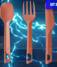 SET 3 TACÂMURI DRUMEȚIE (CUȚIT, FURCULIȚĂ, LINGURĂ) PLASTIC ROȘU
