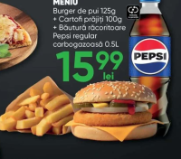 fiigo Meniu Burger de pui 125g + Cartofi prăjiți 100g + Pepsi regular 0.5L