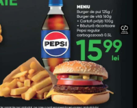 fiigO Meniu Burger de pui 125g / Burger de vită 160g + Cartofi prăjiți 100g + Bautură răcoritoare Pe