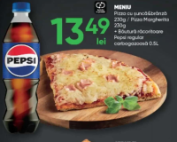 Meniu Pizza cu șuncă & brânză 230g / Pizza Margherita 230g + Băutură răcoritoare Pepsi regular carbo