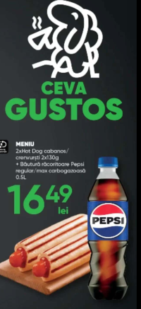 Meniu 2x Hot Dog cabanos / crenvurști 2x130g + Băutură răcoritoare Pepsi regular / max carbogazoasă