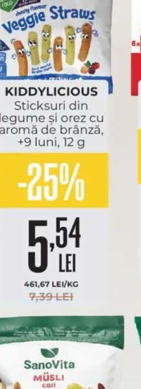 KIDDYLICIOUS Sticksuri din legume și orez cu aromă de brânză, +9 luni, 12 g