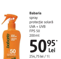 Babaria spray protecție solară UVA + UVB FPS 50 200 ml