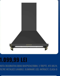 BEKO HOTA DECORATIVA BHCP65422BBH, 3 TREPTE, 415 MC/H, FILTRE METALICE LAVABILE, ILUMINARE LED, ANTR