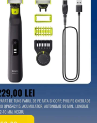 PHILIPS APARAT DE TUNS PARUL DE PE FATA SI CORP ONEBLADE PRO QP6542/15, ACUMULATOR, AUTONOMIE 90 MIN