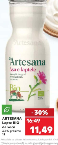 ARTESANA Lapte BIO de vacă 3,5% grăsime 1 l