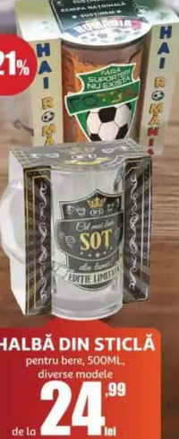 HAI ROMANIA HALBĂ DIN STICLĂ pentru bere, 500ML, diverse modele