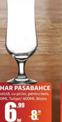 PAHAR PASABAHCE din sticlă, cu picior, pentru bere, 390ML Tulipe/ 400ML Bistro