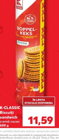 K-Classic Biscuiți sandwich cremă cacao 600g