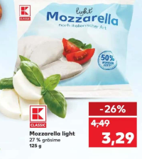 K-Classic Mozzarella light 27% grăsime 125g