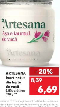 Artesana Iaurt natur din lapte de vacă 3,5% grăsime 320g