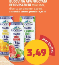 BUCOVINA APĂ FRUCTATĂ EFERVESCENTĂ fără zahăr, diverse sortimente, 330 ml