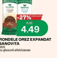SanoVita Rondele orez expandat 66g cu glazură albă/cacao