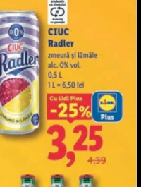 Ciuc Radler zmeură și lămâie alc. 0% vol. 0,5 L