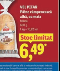 VEL PITAR Pâine câmpenească albă cu maia feliată 600 g