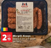 Kravys Mix grill conține 8 mici și 8 cârnați per 100g