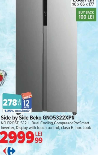 Side by Side Beko GNO5322XPN, NO FROST, 532 L, Dual Cooling, Compresor ProSmart Inverter, Display wi